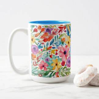 Taza Bicolor Patrón floral de flor silvestre de bonito con mono