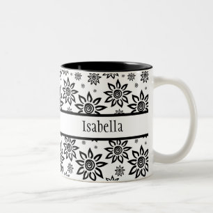 Taza Bicolor Patrón floral gráfico Sunshiney blanco y negro