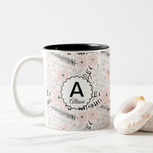 Taza Bicolor Patrón floral gris rosado monograma