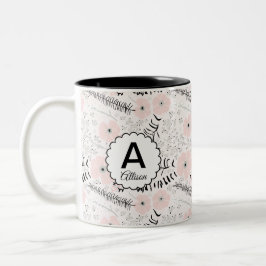 Taza Bicolor Patrón floral gris rosado monograma