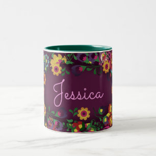 Taza Bicolor Patrón Floral Personalizado Morado Colorido Ocupad