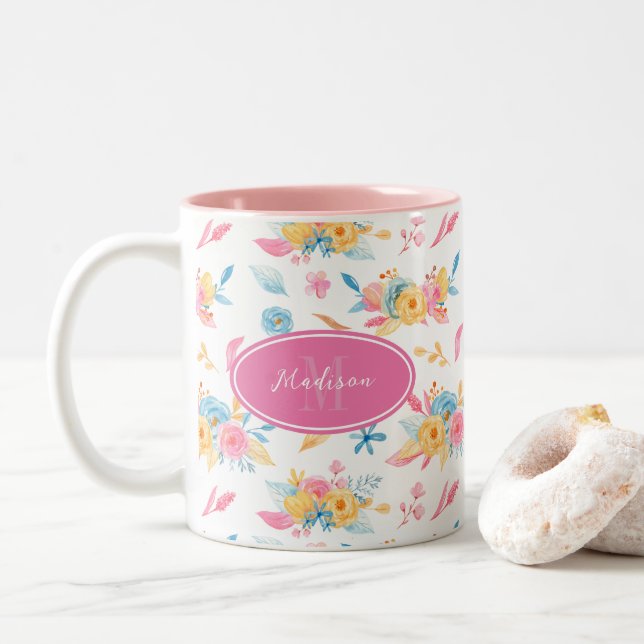 Taza Bicolor Patrón floral rosa bonito monogramado (Con donut)