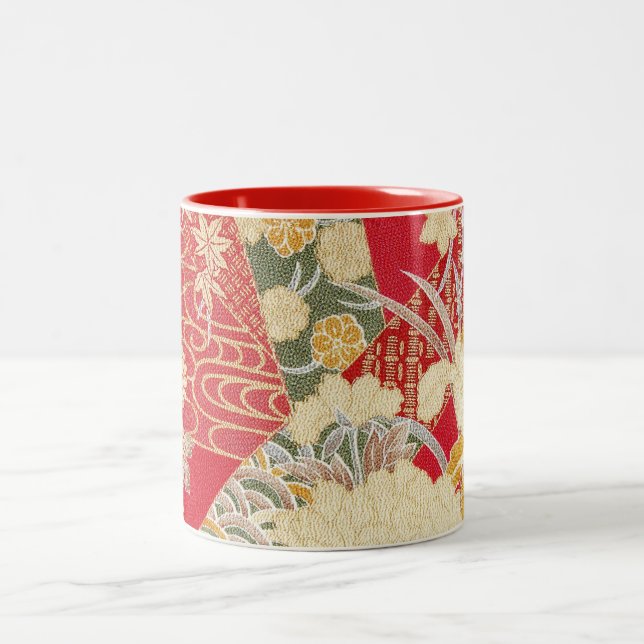 Taza Bicolor Patrón floral, textil de KIMONO japonés (Centro)
