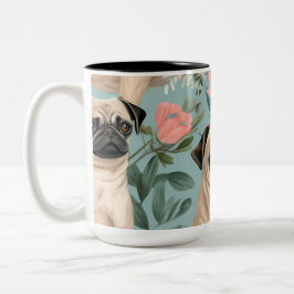 Taza Bicolor Patrón Floral Vintage de Pug Perro Botánico Lindo 