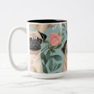 Taza Bicolor Patrón Floral Vintage de Pug Perro Botánico Lindo