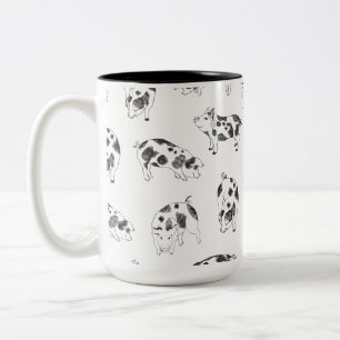 Taza Bicolor Patrón minimalista de arte lineal de cerdo Cottage