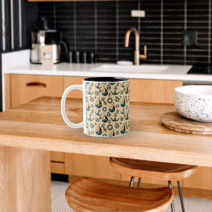 Taza Bicolor Patrón náutico vintage en azul, marrón y crema