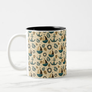Taza Bicolor Patrón náutico vintage en azul, marrón y crema