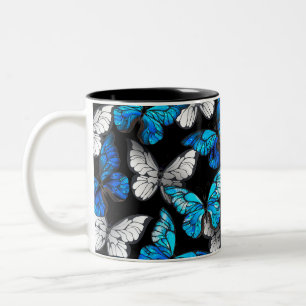 Taza Bicolor Patrón oscuro sin foco con mariposas azules morfo