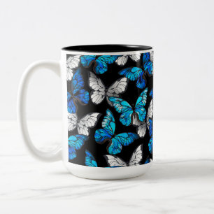 Taza Bicolor Patrón oscuro sin foco con mariposas azules morfo