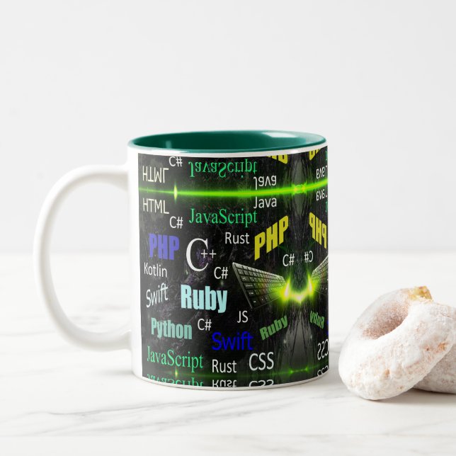 Taza Bicolor Patrón verde de lenguajes de programación (Con donut)