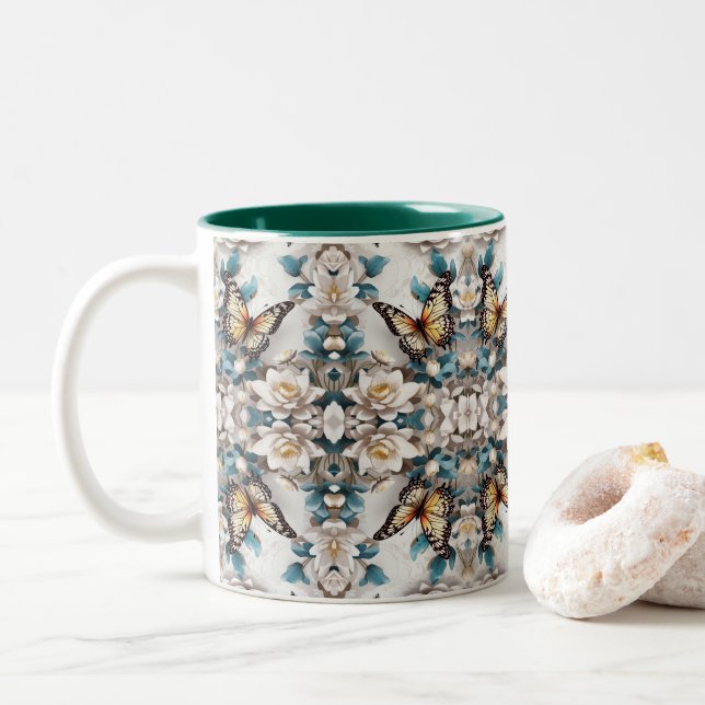 Taza Bicolor patrones impecables, flor de mariposa (Con donut)