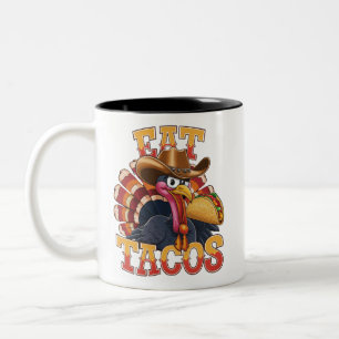 Taza Bicolor Pavo de Acción de Gracias Come Tacos  Mexicano Div