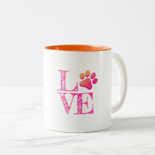 Taza Bicolor Paw Print LOVE Naranja Rosa Mascota diversión