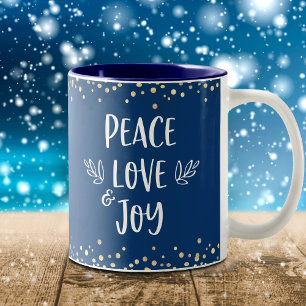 Taza Bicolor Peace Love Joy Modern Typography Dots Gold Navy