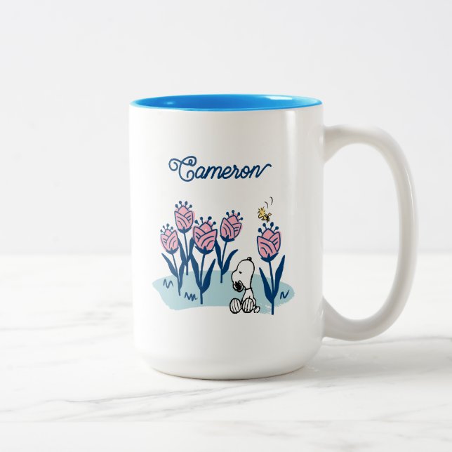 Taza Bicolor Peanus Snoopy & Woodstock Flower | Añadir su nombr (Derecha)
