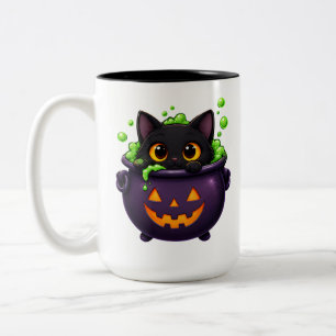 Taza Bicolor Pegatina de Halloween de gato negro lindo   Calaba
