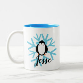 Taza Bicolor Pengüino Lindo Copo de Nieve Azul Nombre Personali