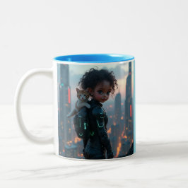 Taza Bicolor pequeña chica afroamericana con su gatito