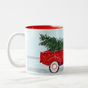 Taza Bicolor Pequeño camión rojo con árbol de Navidad en la 