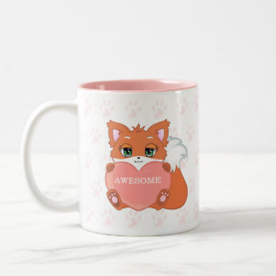 Taza Bicolor Pequeño zorro lindo sosteniendo un patrón de coraz