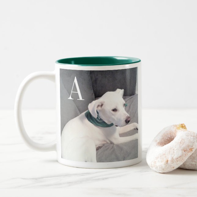 Taza Bicolor Perro blanco simple verde inicial (Con donut)