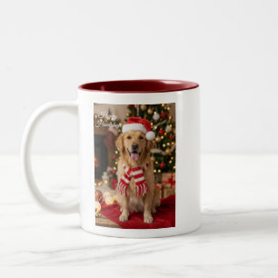 Taza Bicolor Perro de aguas dorado con sombrero de Santa Navida