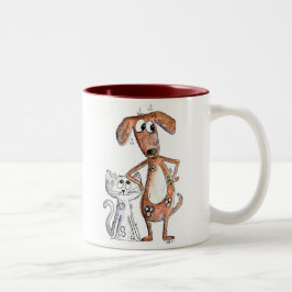 Taza Bicolor Perro marrón alegre y gato gris