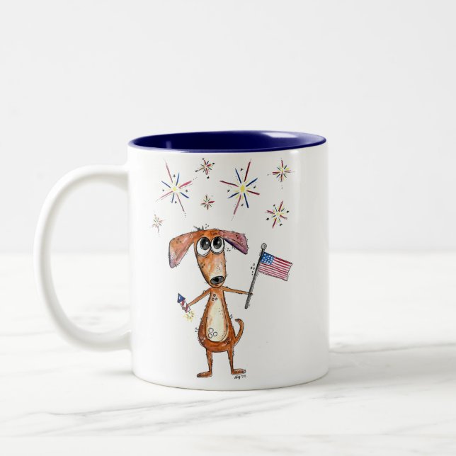 Taza Bicolor Perro patriótico astuto con bandera (Izquierda)