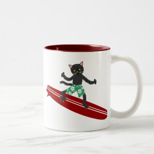 Taza Bicolor Persona que practica surf de Longboard del gato