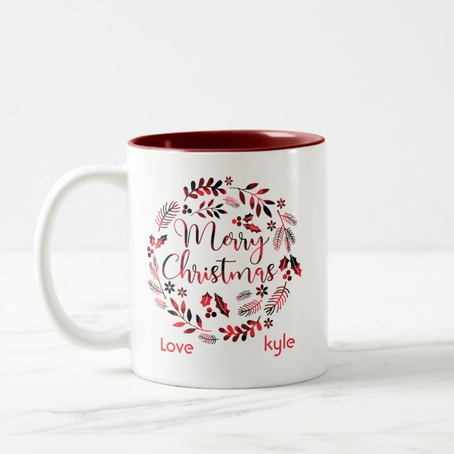 Taza Bicolor Personalizable Floral Plaid Feliz Navidad (Izquierda)