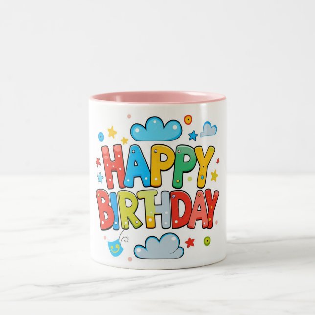 Taza Bicolor "Personalizado colorido feliz cumpleaños con nubes (Centro)