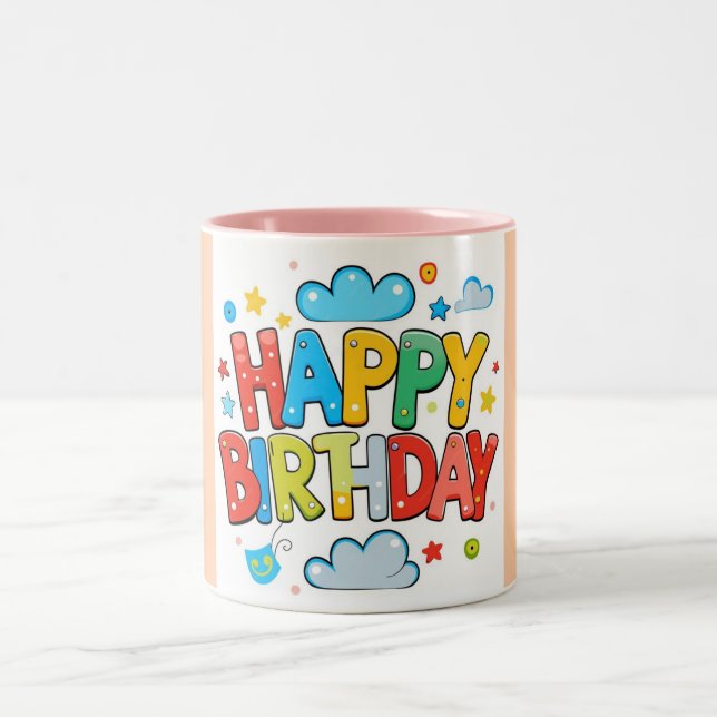 Taza Bicolor "Personalizado colorido feliz cumpleaños con nubes (Centro)