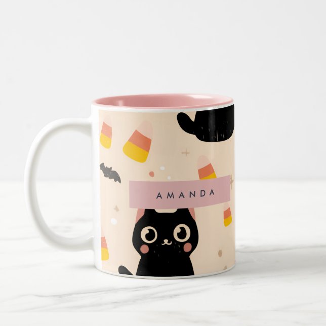 Taza Bicolor Personalizado Cosy Fall Halloween lindo gato negro (Izquierda)