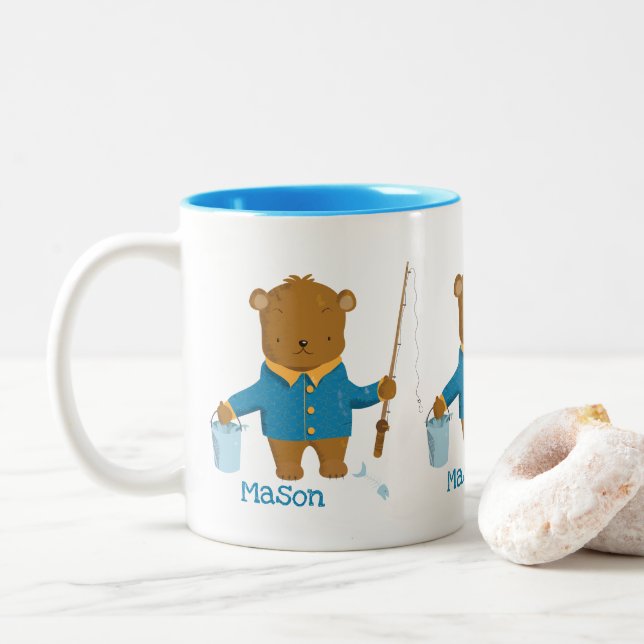 Taza Bicolor Personalizado Cuaderno Pescando oso Marrón Niño Mu (Con donut)