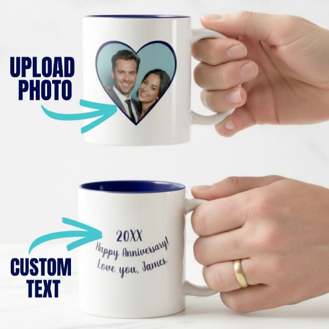 Taza Bicolor Personalizado de Aniversario Personalizado Foto Co (Personalized Anniversary Custom Photo Heart Blue Two-Tone Coffee Mug)