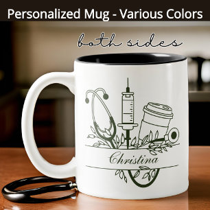 Taza Bicolor Personalizado Enfermera Monograma Floral, Regalo d