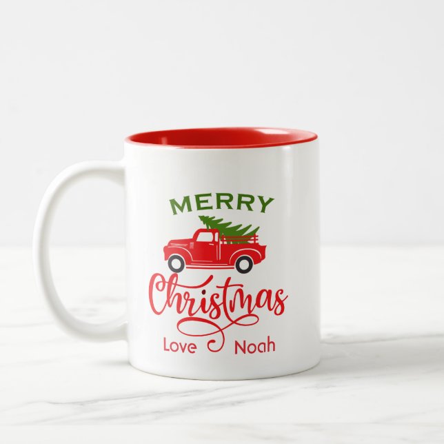 Taza Bicolor Personalizado Feliz Navidad Camión Rojo Personaliz (Izquierda)