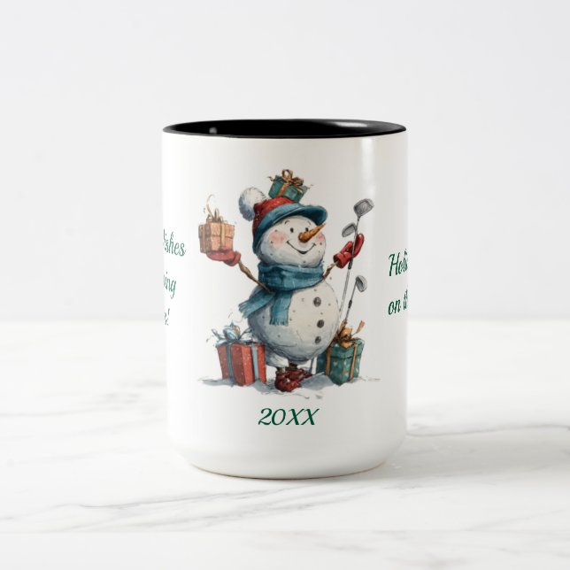 Taza Bicolor Personalizado Snowman Golfer Holiday Mug (Centro)