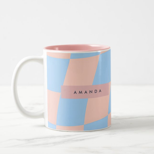 Taza Bicolor Personalized Baby Blue and Peach Wavy Checkered (Izquierda)