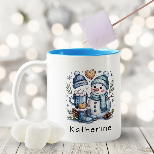 Taza Bicolor Personalized Cute Christmas Snowman  (Personalized Cute Christmas Snowman Two-Tone Coffee Mug)