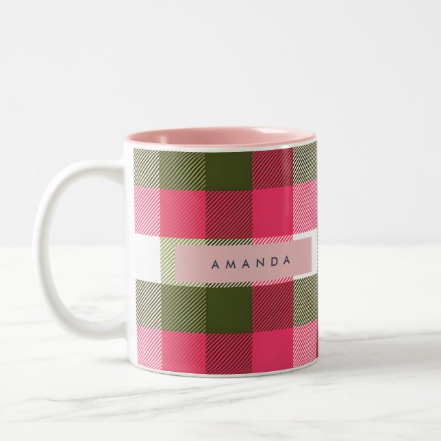 Taza Bicolor Personalized Festive Pink and Green Plaid (Izquierda)