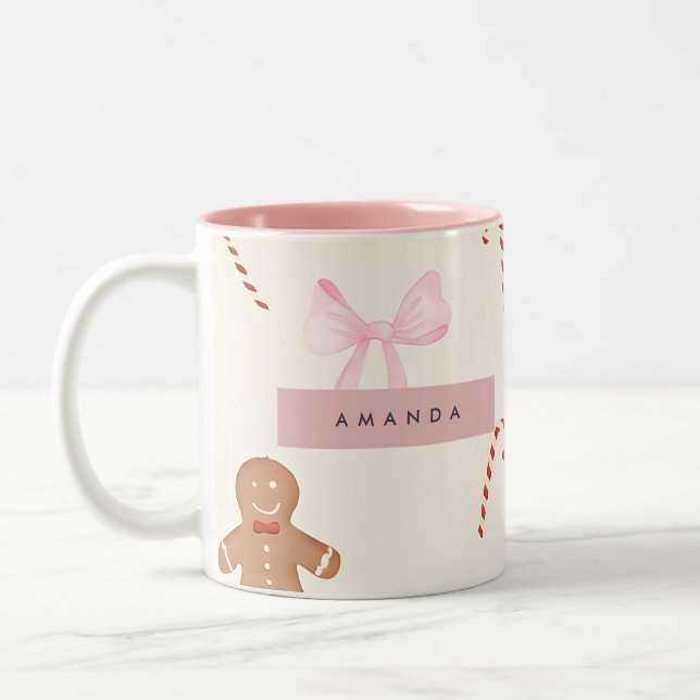Taza Bicolor Personalized Holiday Gingerbread & Pink Bow (Izquierda)