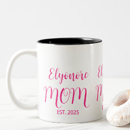 Taza Bicolor Personalized Mom Name Established Pink Script 