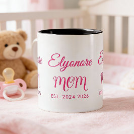 Taza Bicolor Personalized Mom Name Two Date Pink Script 