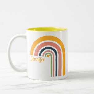 Taza Bicolor Personalized Retro Rainbow Boho Yellow Cup Gift