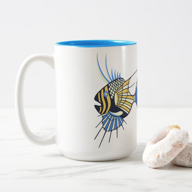 Taza Bicolor Pescado acuático amarillo azul tropical (Con donut)