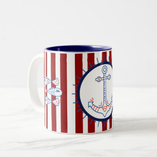 Taza Bicolor Pescado Náutico Temático Vela Azul Rojo Blanco