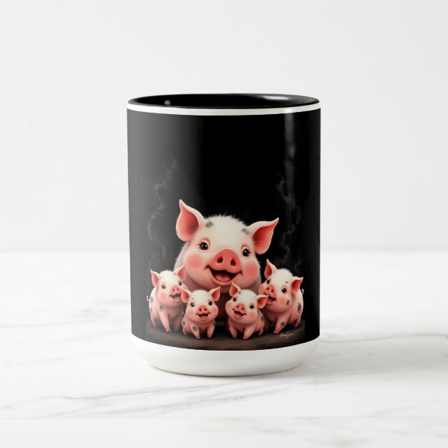 Taza Bicolor Pig Artwork – Mother Pig & Piglets (Centro)