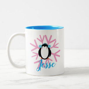 Taza Bicolor Pingüino Lindo Copo de Nieve Rosa Nombre Personali